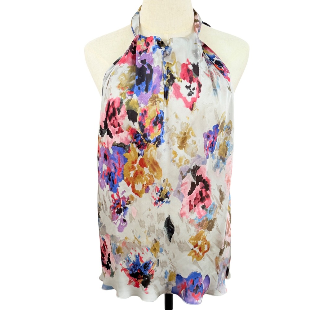 Spense S Halter Keyhole Blouse Colorful Watercolor Floral Elegant Summer Top